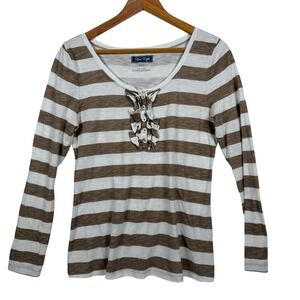 Level Eight Striped Top Womens Medium Brown White Ruffle Henley Long Sleeve
